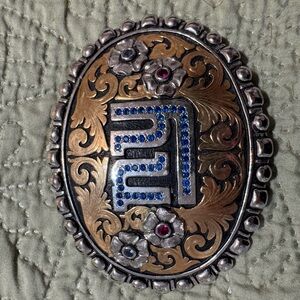 BOB BERG Gold and STERLINGSilver Floral Belt Buckle with Blue Accents AND RUBIES